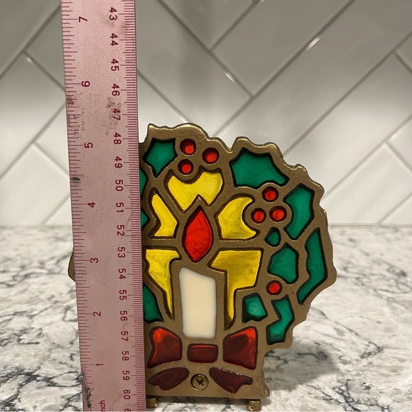 Tiffany candle lamp stained glass on cast iron, colorful Christmas wreath - Picture 4 of 6